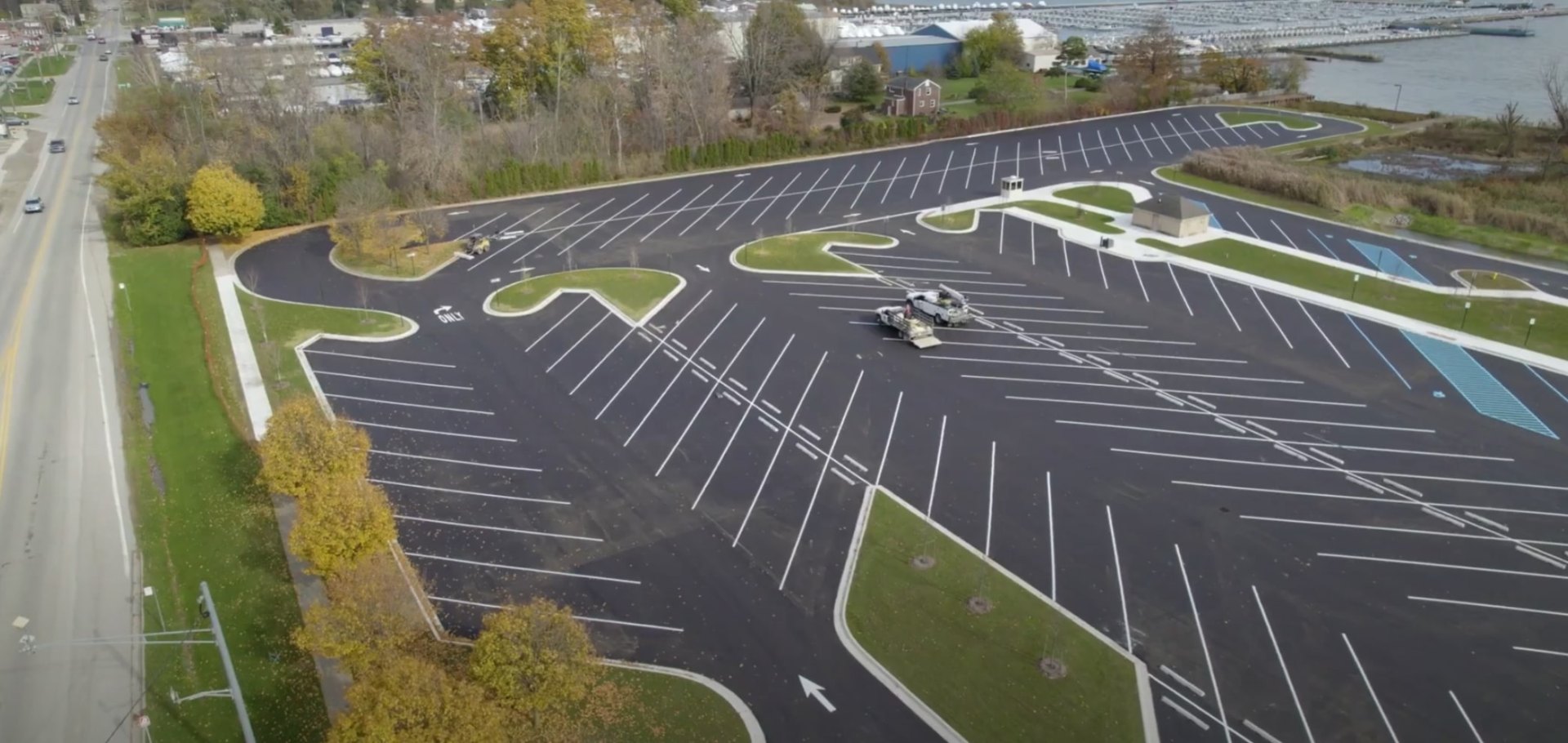 Aerial view of professional hardscaping installation with precise paving and landscaping