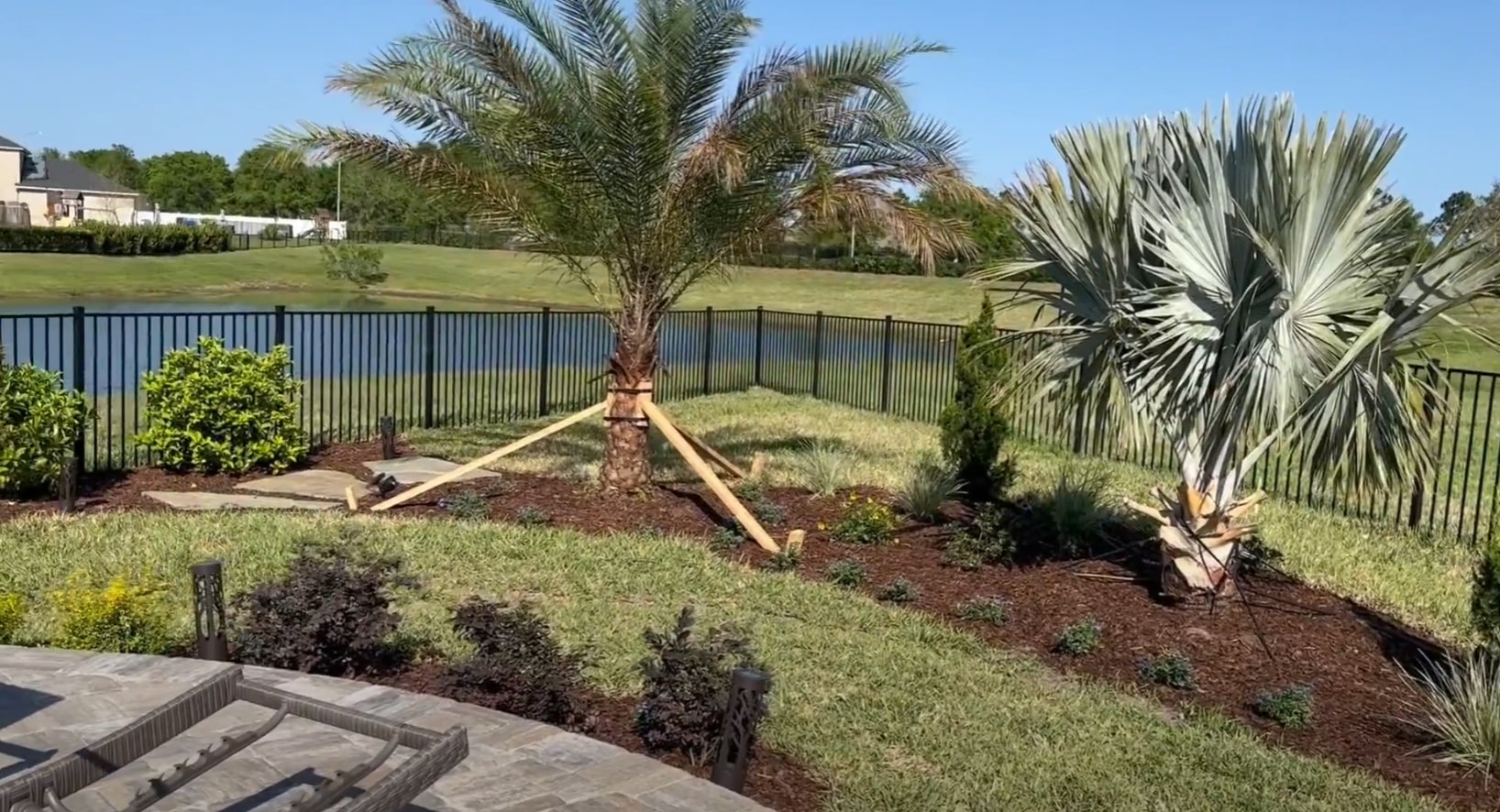 Professional landscaping with tropical plantings and hardscaping Beautifully landscaped yard with palm trees and tropical plants in Town 'n' Country